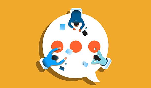 stockillustraties, clipart, cartoons en iconen met three people discussing at the table in the shape of text bubble - samenwerking