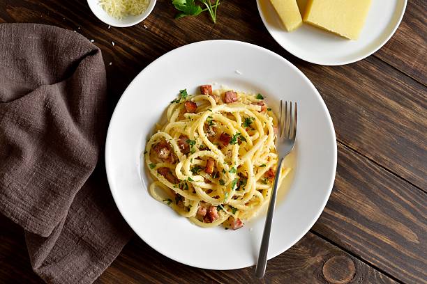 istock Carbonara pasta, spaghetti with crisp pancetta and black pepper 2211622640