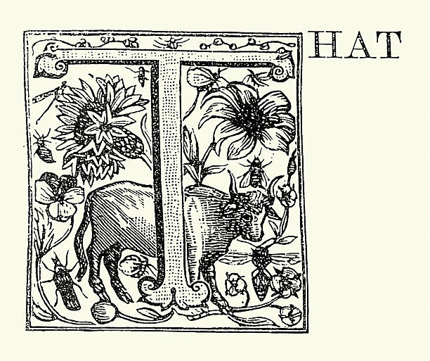 Capital letter T, That, Bull, Insects, Flowers, vintage woodcut design, 19th Century