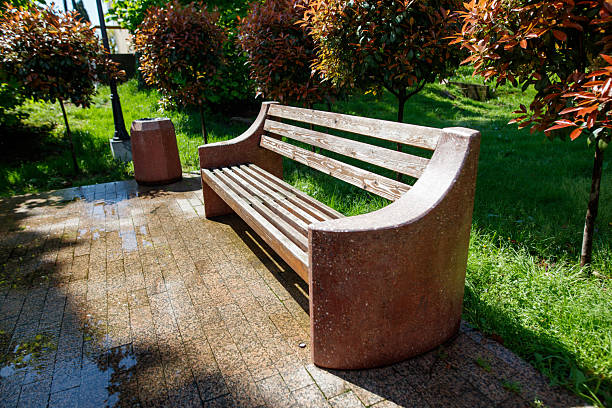 istock A bench sits in a park with a trash can nearby 2211623803