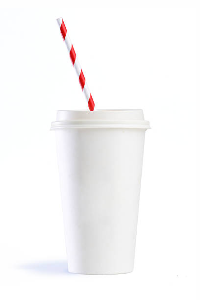 istock Paper cup with red and white straw on white background. Takeaway disposable paper cup 2211626733