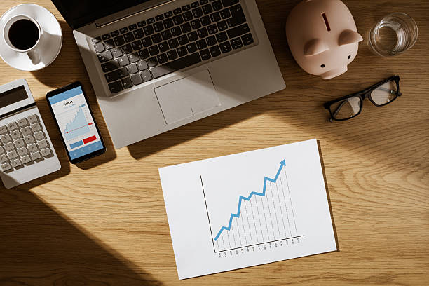 Corporate business desktop with financial chart and devices, business management and investments concept