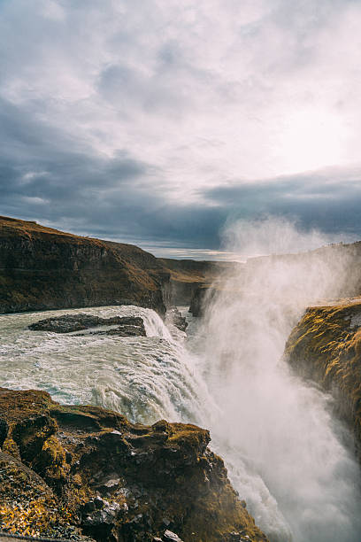 “Gullfoss” Waterfall, known as the “Golden Waterfall,” along the Golden Circle route of Iceland in Autumn