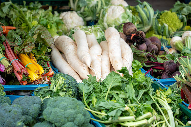 A variety of vegetables are displayed in a blue container, including broccoli, cauliflower, and beets
