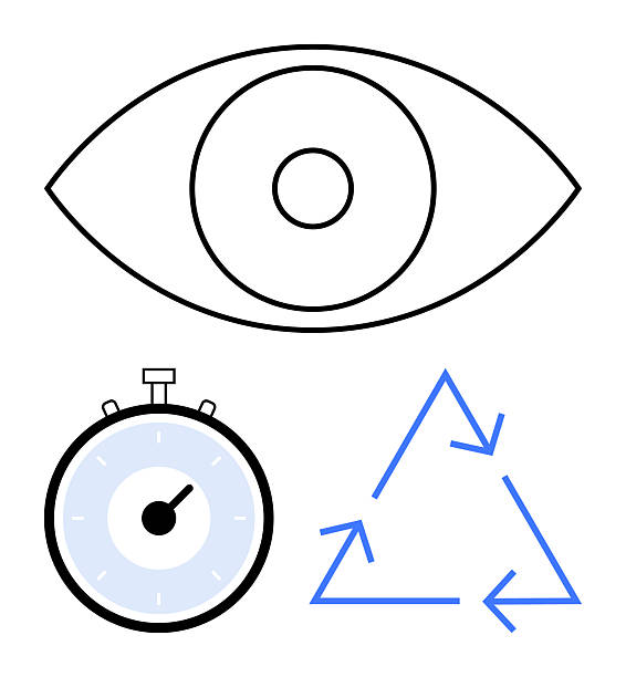 Eye, Stopwatch, and Recycling Arrows Representing Vision, Time Management, and Sustainability Eye stopwatch and recycling arrows symbolize vision, time management, and sustainability. Ideal for themes of awareness, efficiency, environment, planning, conservation, responsibility medical continuous improvement stock illustrations