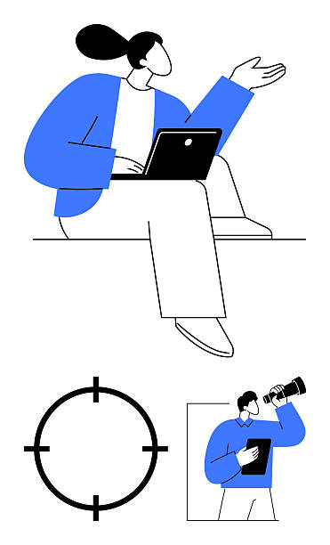 istock Professional Woman with Laptop, Target Icon, and Man Looking Through Telescope for Business Strategy 2211640888