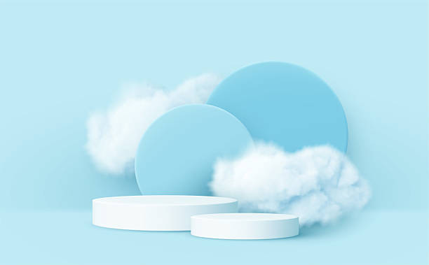 istock 3d realistic podium product and smoke clouds. Blue and white 3d render scene with product podium display and clouds. Vector illustration 2211649293