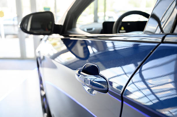 Modern door handle new car. Smart retractable door handles. Car exterior details. Close Up car door handle. Car equipment concept.