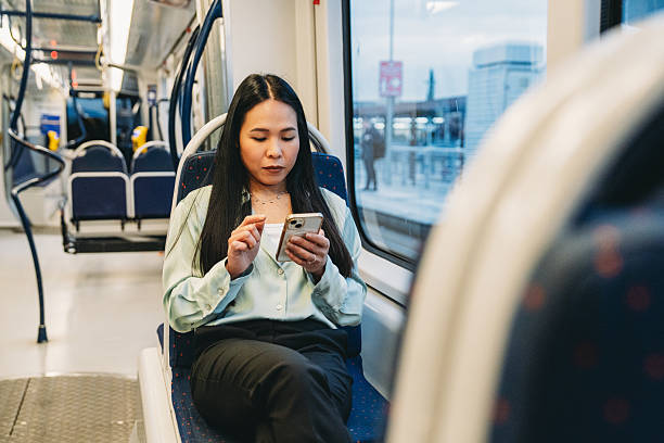 istock Young businesswoman using smartphone while traveling by train 2211658584