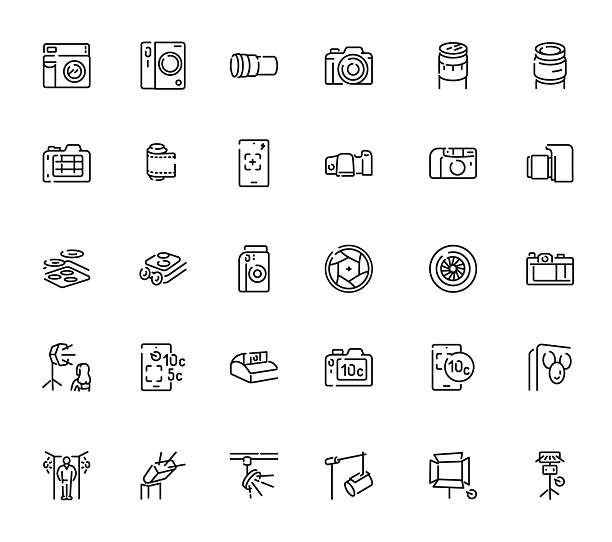 A comprehensive icon collection covering digital and analog cameras, photo tools, film rolls, lenses, smartphones, studio lights, and other photography-related elements in modern vector style.