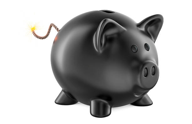 istock Black Piggy Bank as bomb with burning fuse. 3D rendering 2211662024