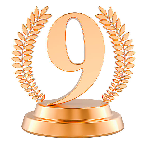 istock Nine 9 golden place trophy cup, 3D rendering 2211663281