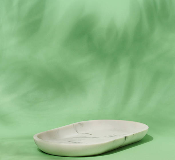 istock An empty, oval shaped soap dish made of white marble with gray veining sits on a light green background with soft, blurred leaf shadows 2211663755