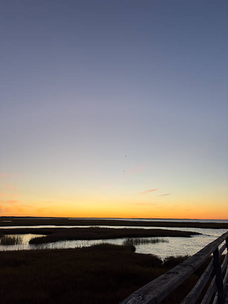 istock Coastal Marsh at Sunset with Boardwalk and Reflective Water 2211664913
