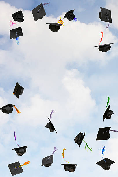Lot's of mortarboards (graduation caps) flying on a sky background. Can be used as a template for high school or college university graduate party, graduate invitations, card or banner. Space for copy.