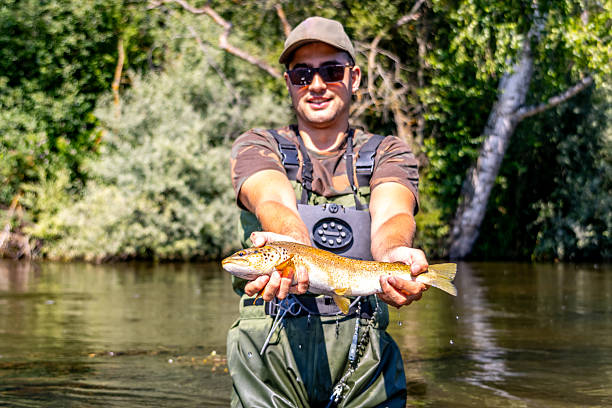 Young fisherman showing a brown trout just caught while fishing in a river