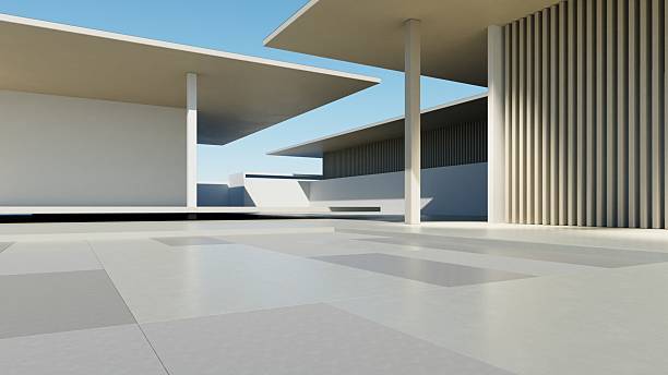 istock 3d render of modern exterior entrance terrace with large empty concrete wall, Abstract architecture 2211679950