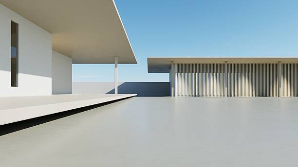 istock 3d render of modern exterior entrance terrace with large empty concrete wall, Abstract architecture 2211679951