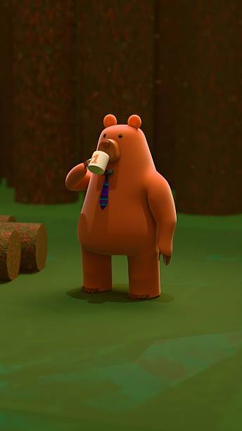 3D illustration of a cartoon bear in a tie sipping coffee from a #1 Dad mug, surrounded by forest trees. Evokes fatherhood, peace and routine in nature. Great for Father's Day or lifestyle use.