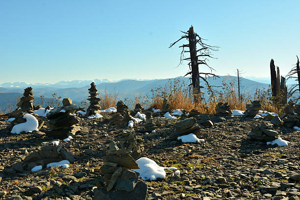 A dried tree trunk and stone pyramids covered with first snow on top of a cliff overlooking mountain ranges on a sunny autumn evening. Altai, Siberia, Russia.