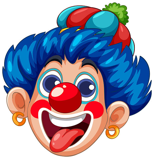 istock Vibrant vector illustration of a clown face with blue hair, red nose, and playful expression. Bright colors and bold outlines 2211689469