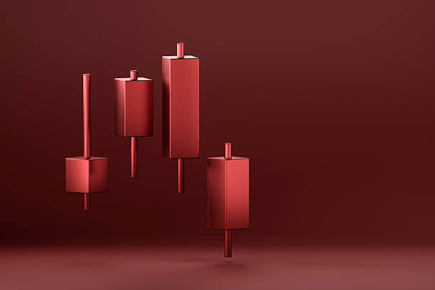 A 3D rendering of red candlestick chart patterns, suggesting a market decline. This visual is suitable for financial analysis, stock trading, and business presentations. The minimal, modern aesthetic provides a clean and impactful representation of financial data.