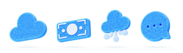 istock 3d blue fur fluffy ui icon for app or web design. AI cloud, speech bubble, money banknote, cloud computing with soft wool felt texture. Business, finance and tech, isolated render set 2211717025