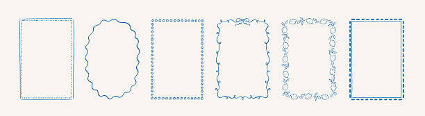 Doodle hand drawn frames with lemons, wave and bows. Minimalist line art. Vintage blue ornament borders for wedding, greeting cards, menu, picnic invitations. Mediterranean sea coastal vibe.