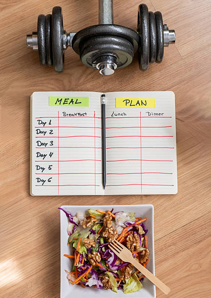 istock Woman is planning a balanced diet and workout routine, using a meal plan notebook, dumbbells, and a healthy salad for a comprehensive approach to fitness 2211719350
