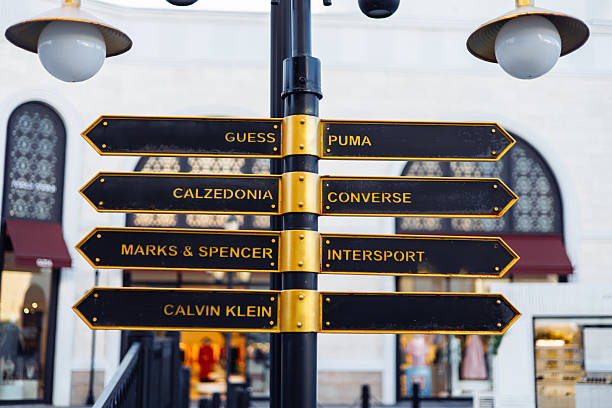 The Land of Legends shopping street, aquapark and theme park Turkiye, Antalya - 12.03.2025: Direction signs in The Land of Legends shopping street, aquapark and theme park is a popular tourist destination near Belek, Antalya belek town stock pictures, royalty-free photos & images