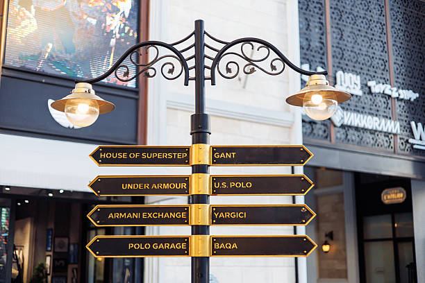 The Land of Legends shopping street, sign direction with brands Turkiye, Antalya - 12.03.2025: Direction signs in The Land of Legends shopping street, aquapark and theme park is a popular tourist destination near Belek, Antalya belek town stock pictures, royalty-free photos & images