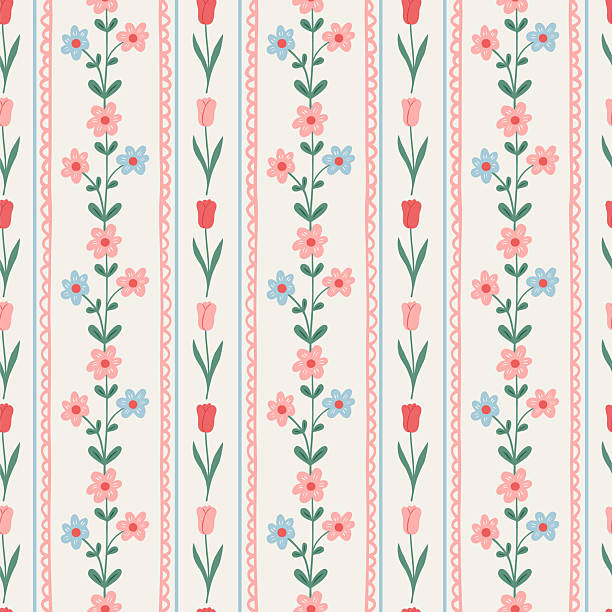 Floral seamless striped pattern with hand drawn beautiful flowers, garden blooming. Spring summer background. Vintage trendy print. Cottage core aesthetic. Vector illustration.