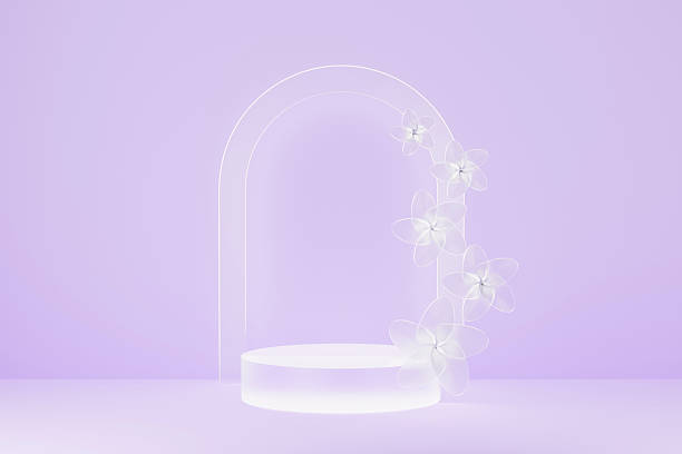 istock 3D realistic podium background - one glass cylindrical podium on violet. Glass white spring flowers, luminous shining arch, mockup, 3d rendering. Woman's day stage for display product, scene showcase. 2211724338