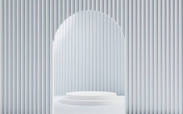 istock 3d White scene background with podium and arch gate for product presentation. Abstract minimal mockup with cylinder platform and door. 2211724515