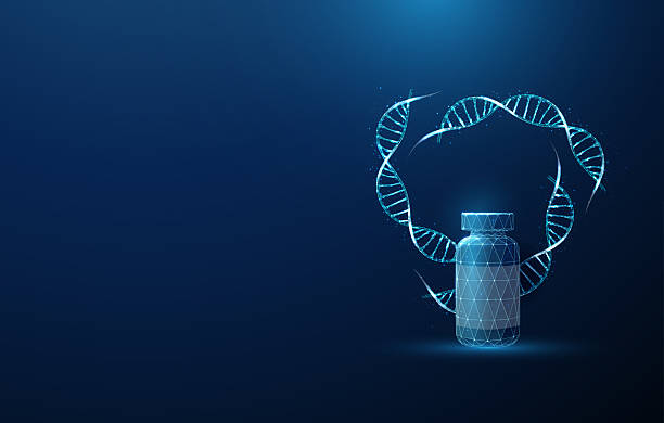 3 blue DNA molecule helixes swirled in circle and bottle with drugs. Genetic engineering, treatment of genetic diseases with medicinal products, medical concept. 3 blue DNA molecule helixes swirled in circle and bottle with drugs. Genetic engineering, treatment of genetic diseases with medicinal products, medical concept. Low poly wireframe style. Vector. dna backbone stock illustrations