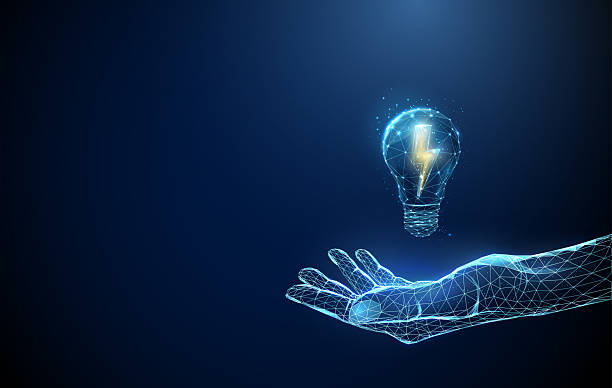 istock Abstract blue giving hand with yellow lightning inside a light bulb. Renewable energy and sustainable innovation concept. 2211724602