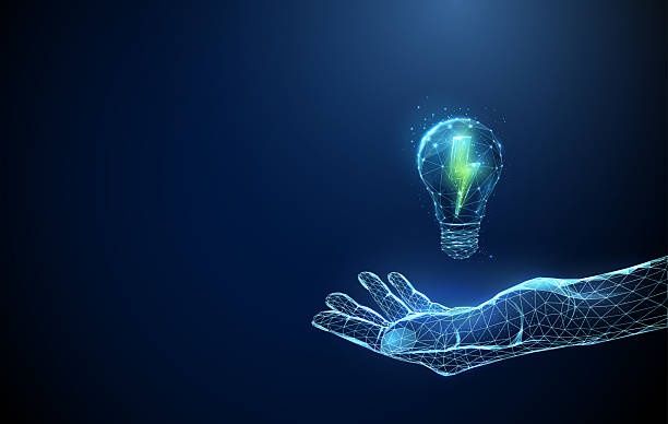istock Abstract blue giving hand with green lightning inside a light bulb. Renewable energy and sustainable innovation concept 2211727494
