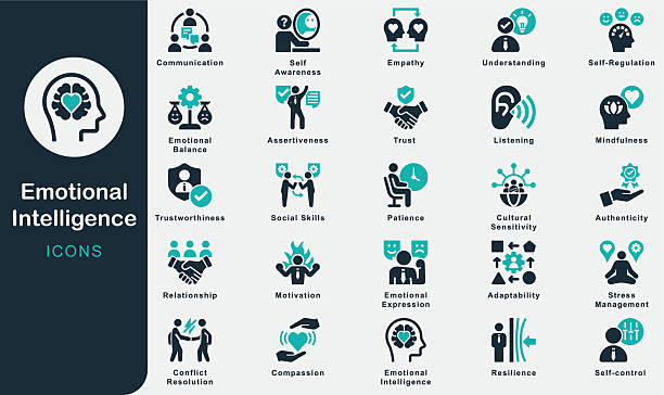 Emotional Intelligence solid icons collection.Containing Communication, Understanding, Patience, Compassion, Trust, Relationship, Listening, Empathy, Motivation, Self-Regulation, Social Skills, Human Emotional Intelligence solid icons collection.Containing Communication, Understanding, Patience, Compassion, Trust, Relationship, Listening, Empathy, Motivation, Self-Regulation, Social Skills, Human, Self Awareness, Self-control, Adaptability, Resilience, Assertiveness, Conflict Resolution, Emotional Expression, Mindfulness, Stress Management, Emotional Balance, Authenticity, Society, Trustworthiness, Cultural Sensitivity resilient leadership stock illustrations