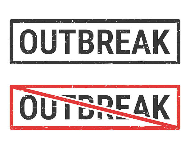 Outbreak. Rubber stamps for your own design, isolated on a blank background. The first stamp is in black ink. The second stamp is in red ink with the text in black. The text is crossed out with a red line, it is an exclusion or prohibition stamp. The rubber stamps have a slight grunge texture. Vector Illustration (EPS file, well layered and grouped). Easy to edit, manipulate, resize or colorize. Vector and Jpeg file of different sizes.
