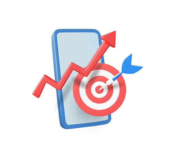 istock 3d illustration vector render of mobile phone icon, up arrow, target board isolated on white. Concept of planning and achieving business or financial goals through goal, digital ,growth app platform. 2211745363