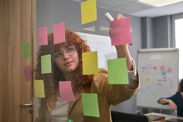 istock Young businesswoman writing notes on sticky notes on glass wall in office 2211747090
