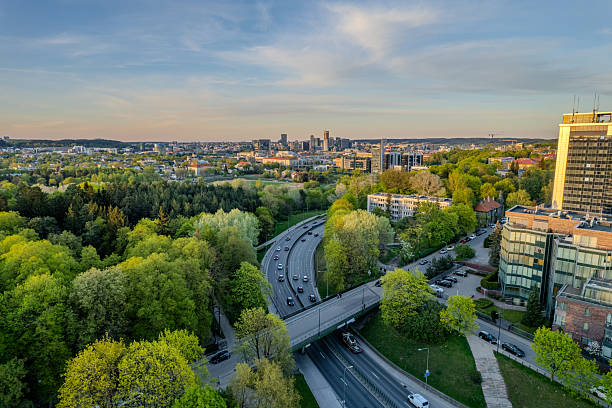 Aerial spring sunset view of central Vilnius, Lithuania