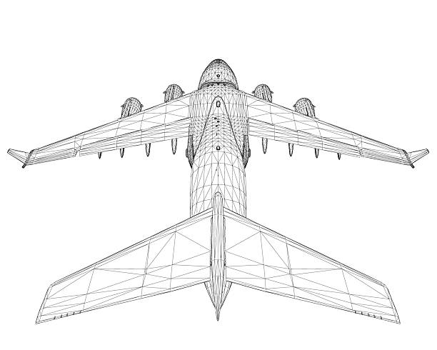 istock A black and white drawing of an airplane with a white background. The airplane is shown from the side and the tail is visible. The drawing gives the impression of a sleek and modern design. Back view 2211747385