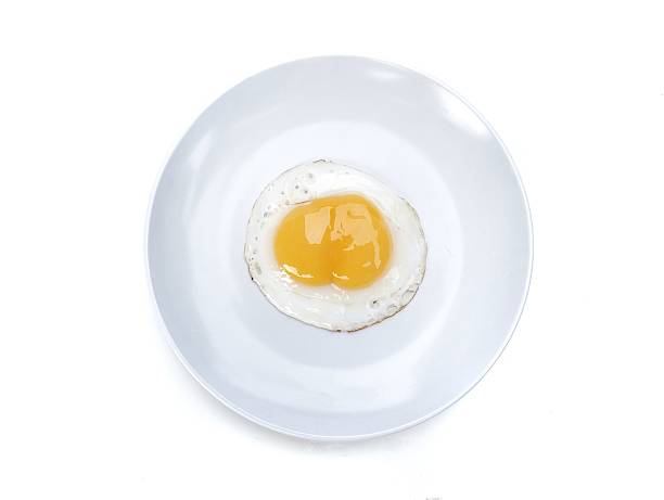 istock Fried egg with double yolk on white plate isolated on white background 2211748499