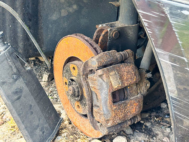Close up of vehicle brakes and rotors