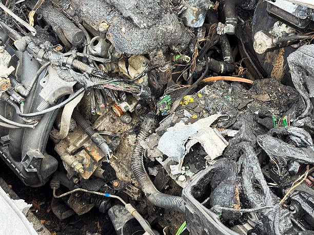 istock Burned car engine block and wiring with melted plastic covers, charred connectors, and exposed components after severe fire damage in the engine bay 2211759412