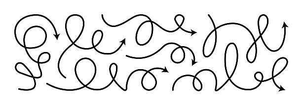 ilustrações de stock, clip art, desenhos animados e ícones de arrow vector line set. curved shape doodle brush element arow. squiggly scribble direction up down abstract pointer. change plan abstract stroke graphic sign. curly circle looped spiral swirl map path - cabelo encaracolado