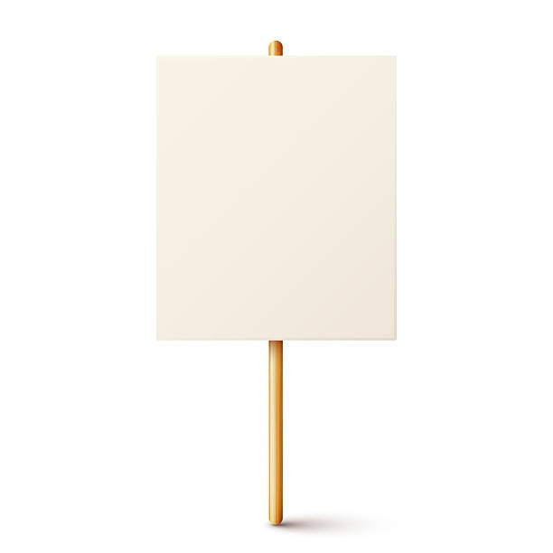 istock Blank colorful protest sign with wooden holder. Demonstration banner. Strike action cardboard placard mockup. Social advertisement. Vector illustration 2211769086