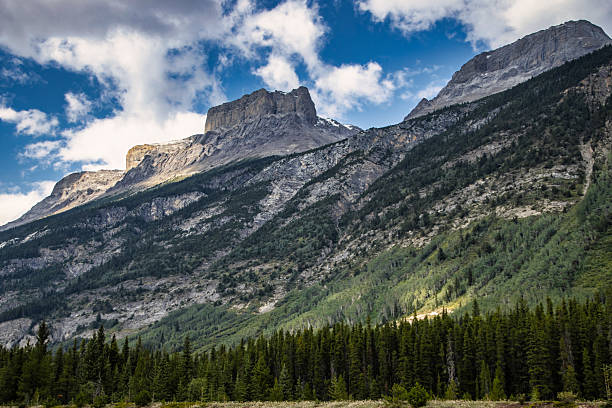 istock Majestic mountain range under a bright sky with a sunlit forest in the foreground near a national park 2211770731