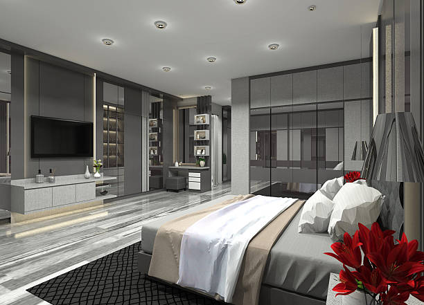 istock Contemporary 3D master bedroom interior showcasing a bed, TV unit, vanity table, and closet. 2211771858